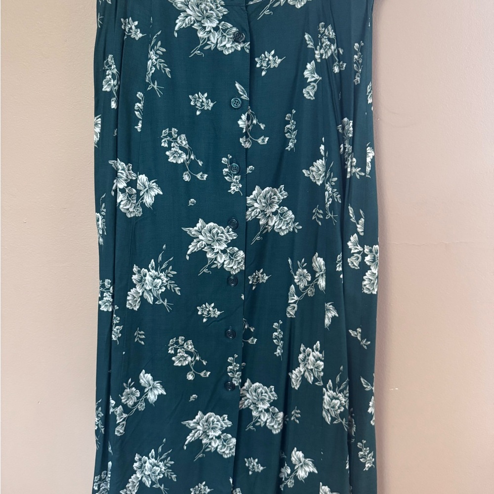 Vintage 90’s Bentley Green Floral Button Down Midi Skirt, Women’s Large